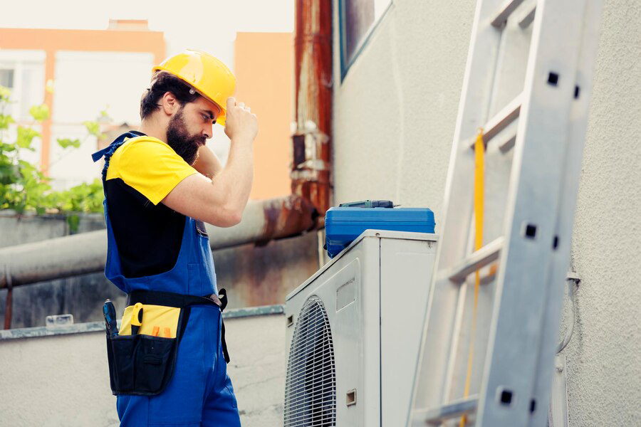 skilled electrician contracted check up outdoor air conditioner starting work shift trained worker wearing protective gear preparing service faulty external hvac system