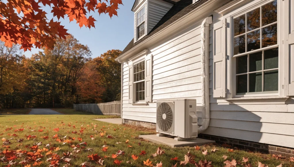 New heat pump installed beside a colonial home in Framingham, MA in the fall