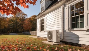 New heat pump installed beside a colonial home in Framingham, MA in the fall