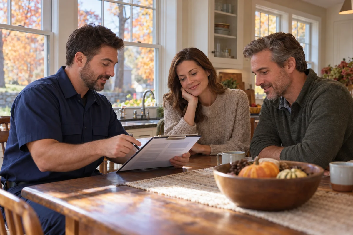 How Do I Choose a Reliable HVAC Company in Norfolk, MA? 2 HVAC technician reviewing a written heating quote with homeowners at their kitchen table in Norfolk, MA