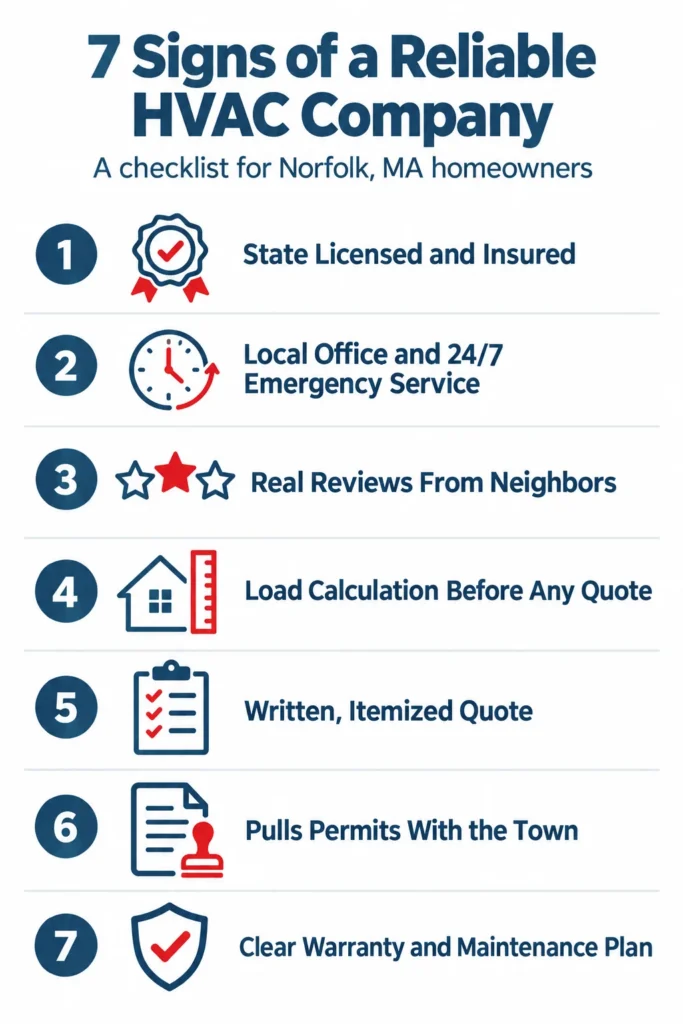 How Do I Choose a Reliable HVAC Company in Norfolk, MA? 1 Infographic checklist of 7 signs of a reliable HVAC company for Norfolk, MA homeowners