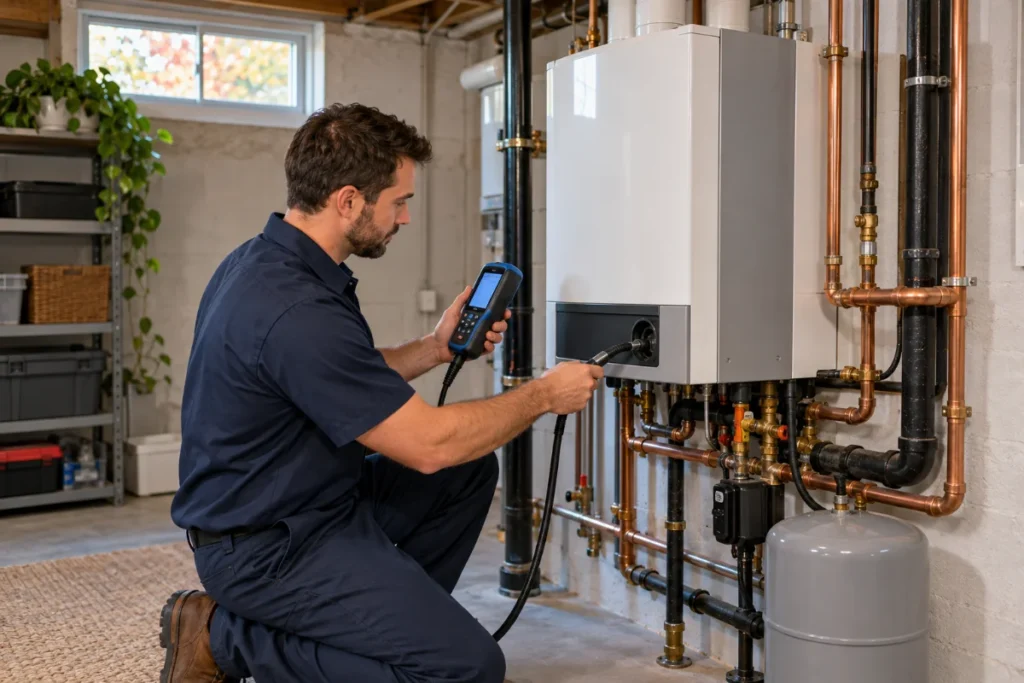 HVAC technician testing a wall mounted gas boiler in a Norfolk, MA basement