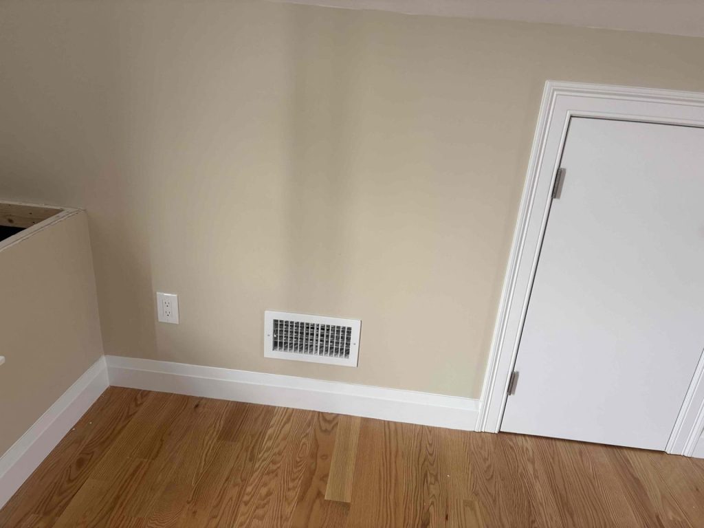 New supply register in a finished room after a heat pump install in Sherborn, MA