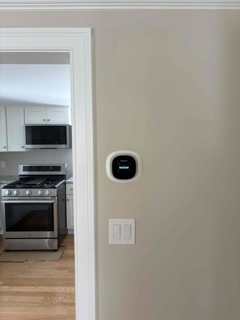 Ecobee thermostat for one of two new heating and cooling zones in a Sherborn, MA home